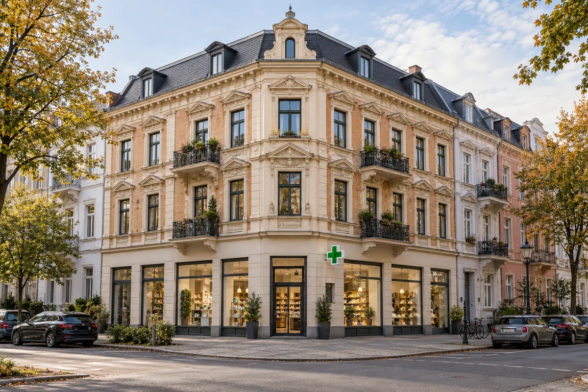 Wohnhaus mit Apotheke hinter großen Schaufenstern im Erdgeschoss und Wohnungen mit Balkonen darüber