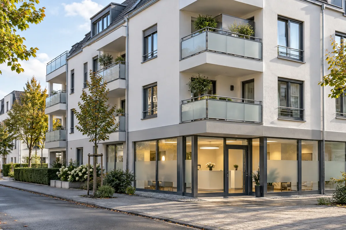 Wohnhaus mit Arztpraxis hinter großen Glasflächen im Erdgeschoss und Wohnungen mit Balkonen darüber