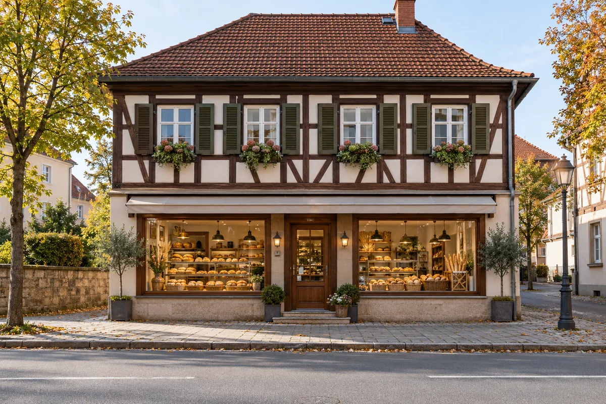 Altbau mit Bäckerei hinter einem großen Schaufenster im Erdgeschoss und Wohnungen mit Sprossenfenstern darüber