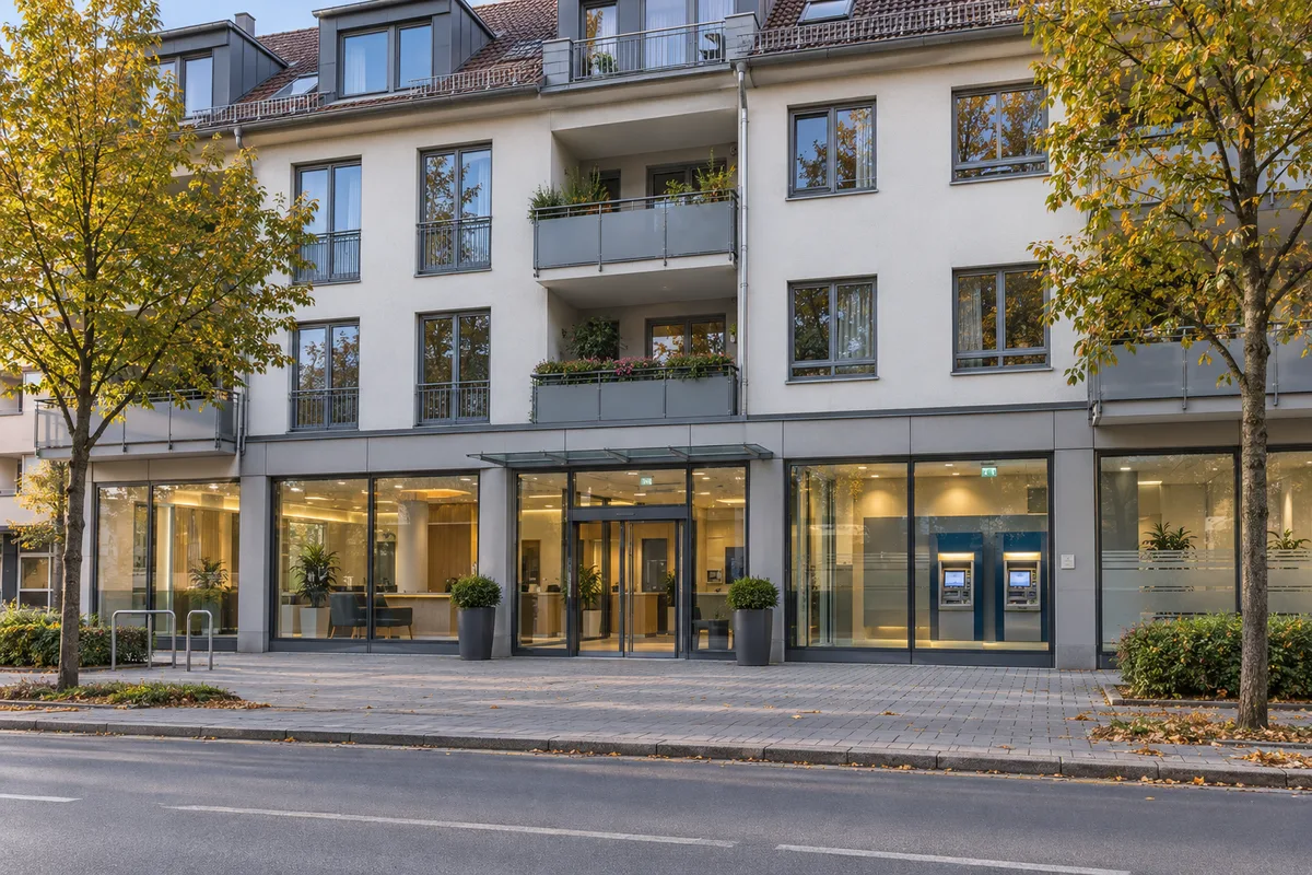 Wohnhaus mit Bankfiliale und SB-Foyer hinter großen Glasflächen im Erdgeschoss und Wohnungen darüber