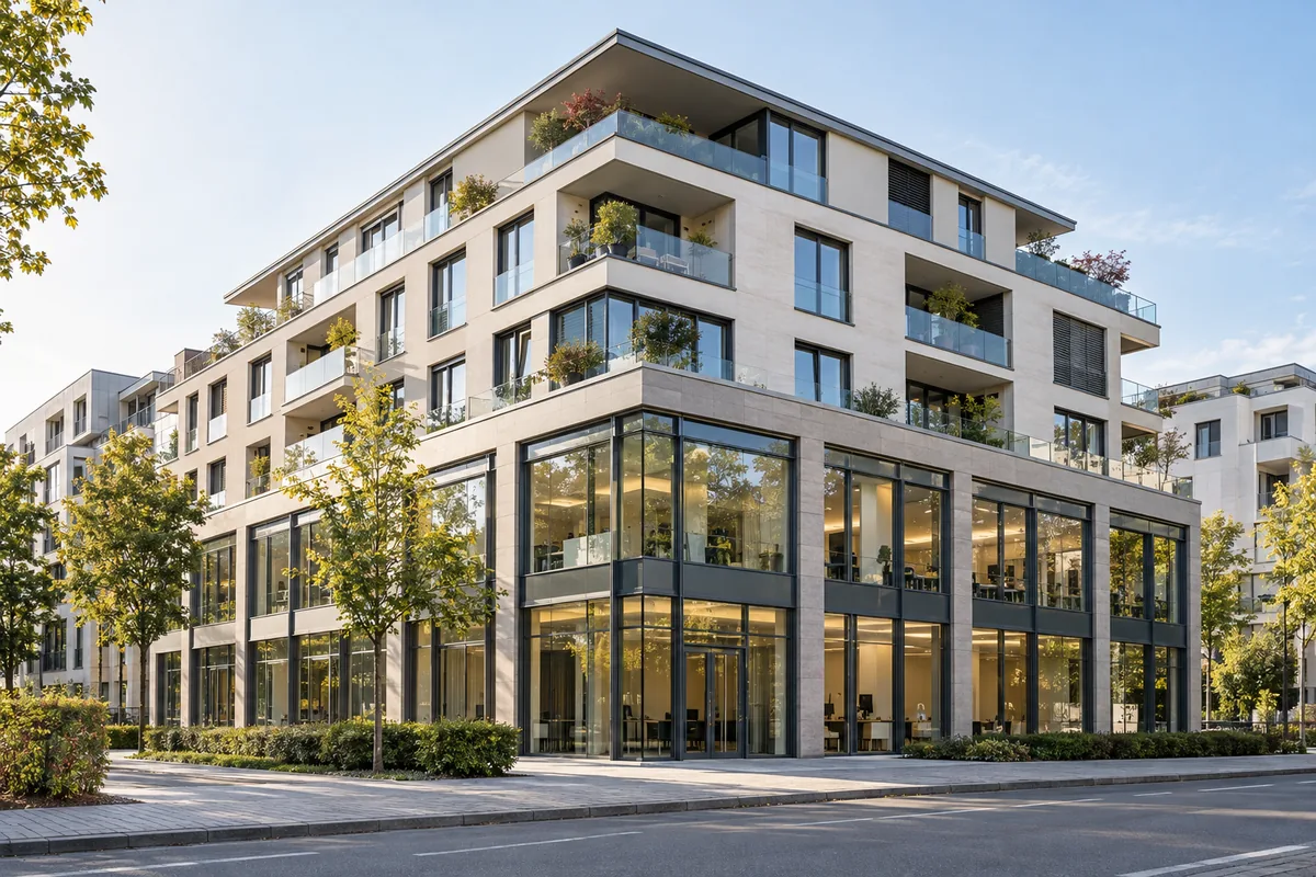 Stadthaus mit Büroräumen hinter großen Fenstern in Erdgeschoss und erstem Obergeschoss, darüber Wohnungen mit Balkonen