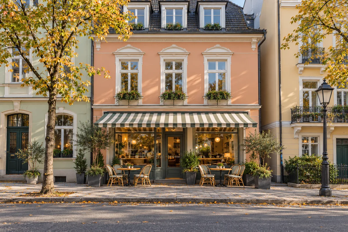 Altbau mit Café hinter großen Schaufenstern im Erdgeschoss, Tischen auf dem Gehweg und Wohnungen mit Balkonen darüber