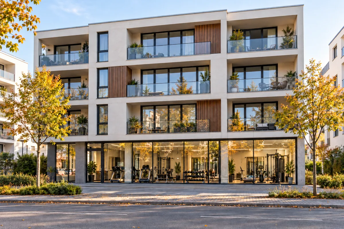 Wohnhaus mit Fitnessstudio hinter großen Fensterflächen im Erdgeschoss und Wohnungen mit Balkonen darüber
