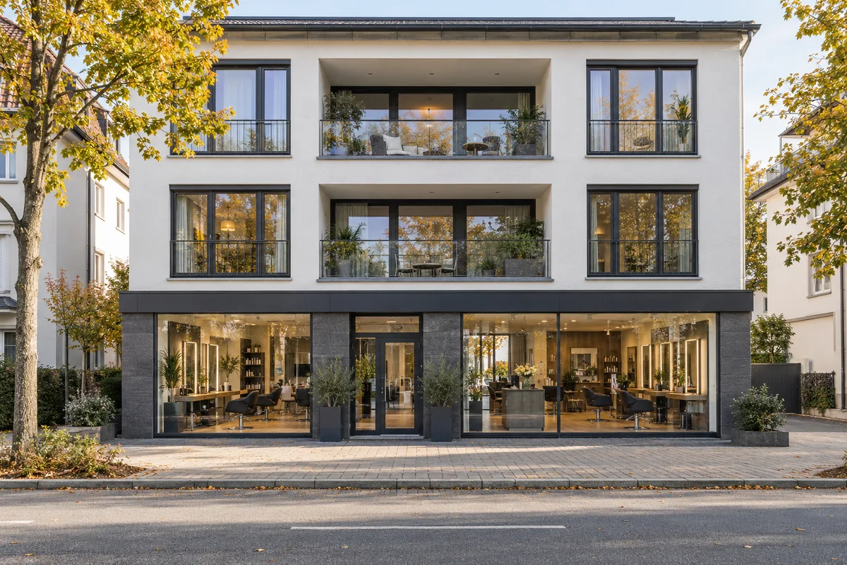 Wohnhaus mit Friseursalon hinter einem großen Schaufenster im Erdgeschoss und Wohnungen mit Balkonen darüber