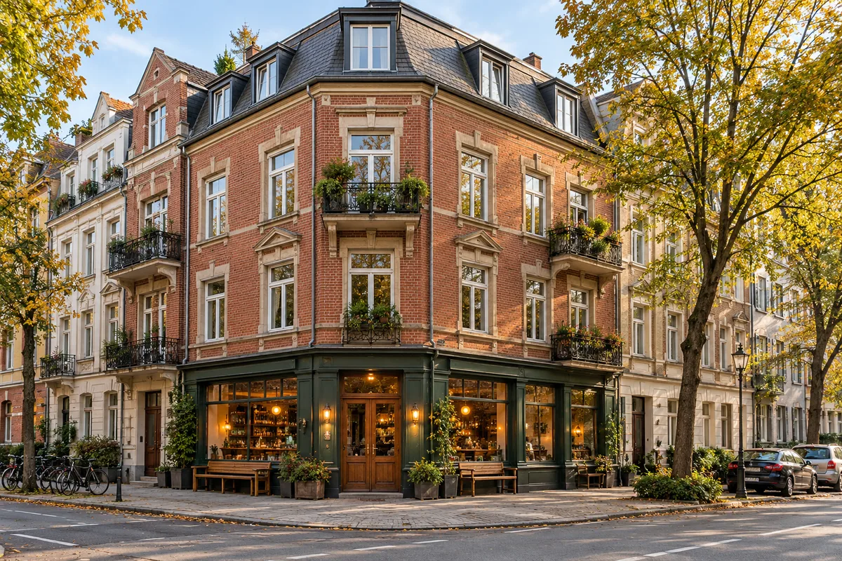 Altes Eckhaus mit Gaststätte, Sprossenfenstern und Sonnenschirmen vor dem Erdgeschoss und Wohnungen darüber