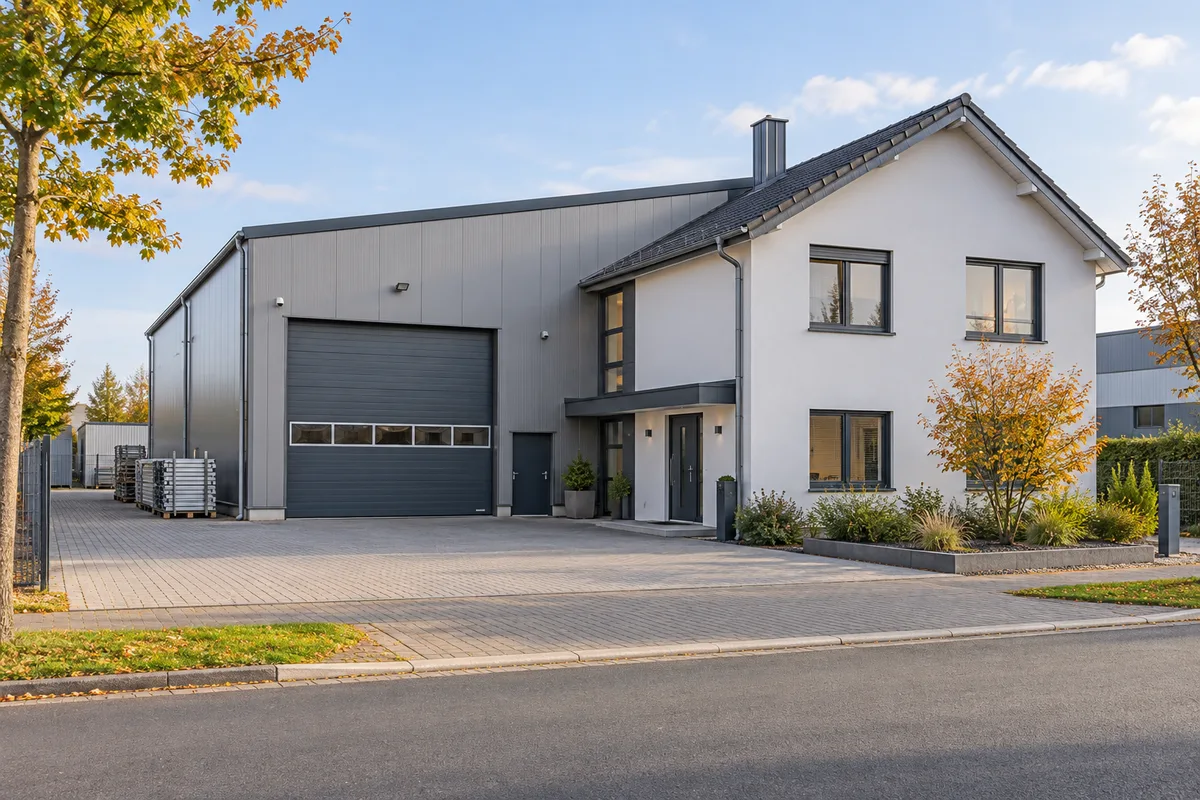 Gewerbehalle mit Sektionaltoren und angebautem Bürotrakt, darüber eine Wohnung mit Fenstern und Balkon