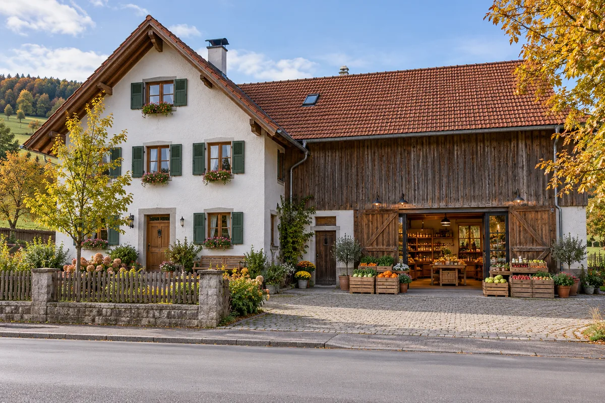 Umgebautes Bauernhaus mit Hofladen hinter einer breiten Glastür im Erdgeschoss und Wohnung mit Gauben im Dachgeschoss darüber