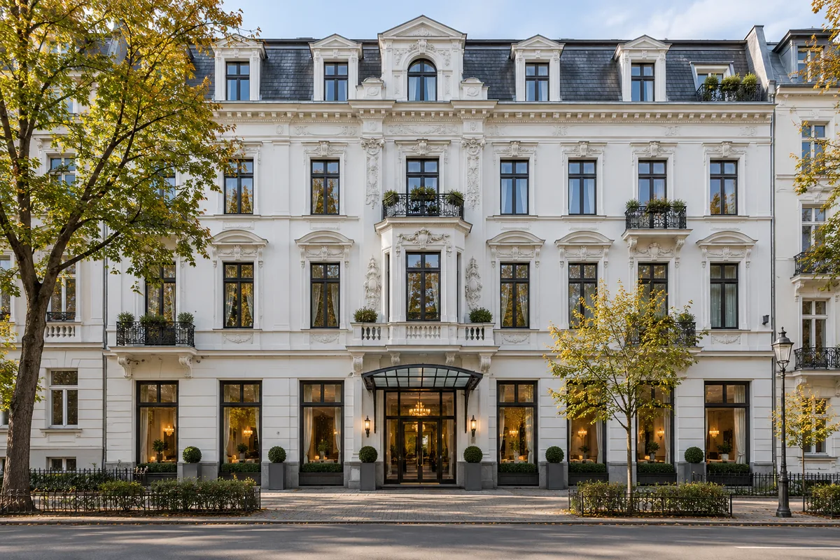Mehrgeschossiges Hotel mit Eingang und Frühstücksraum im Erdgeschoss, Gästezimmern in den Obergeschossen und einer Wohnung im Dachgeschoss