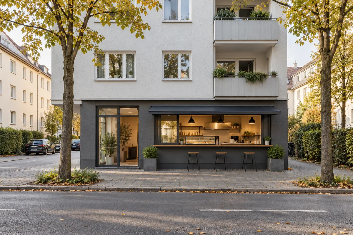 Wohnhaus mit Imbiss und Verkaufsfenster im Erdgeschoss, Stehtischen unter einem Vordach und Wohnungen darüber