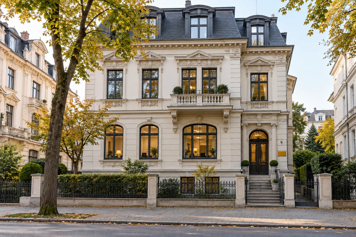 Stadthaus mit Kanzleischild neben der Eingangstür und großen Fenstern im Erdgeschoss, Wohnungen mit Balkonen darüber