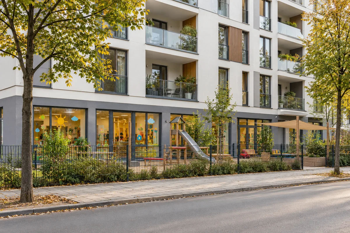 Wohnhaus mit Kita hinter großen Fenstern im Erdgeschoss, kleinem Garten mit Spielgeräten und Wohnungen mit Balkonen darüber