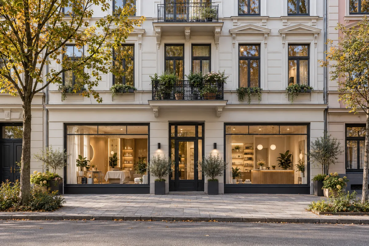 Wohnhaus mit Kosmetikstudio hinter einem großen Schaufenster im Erdgeschoss und Wohnungen mit Balkonen darüber