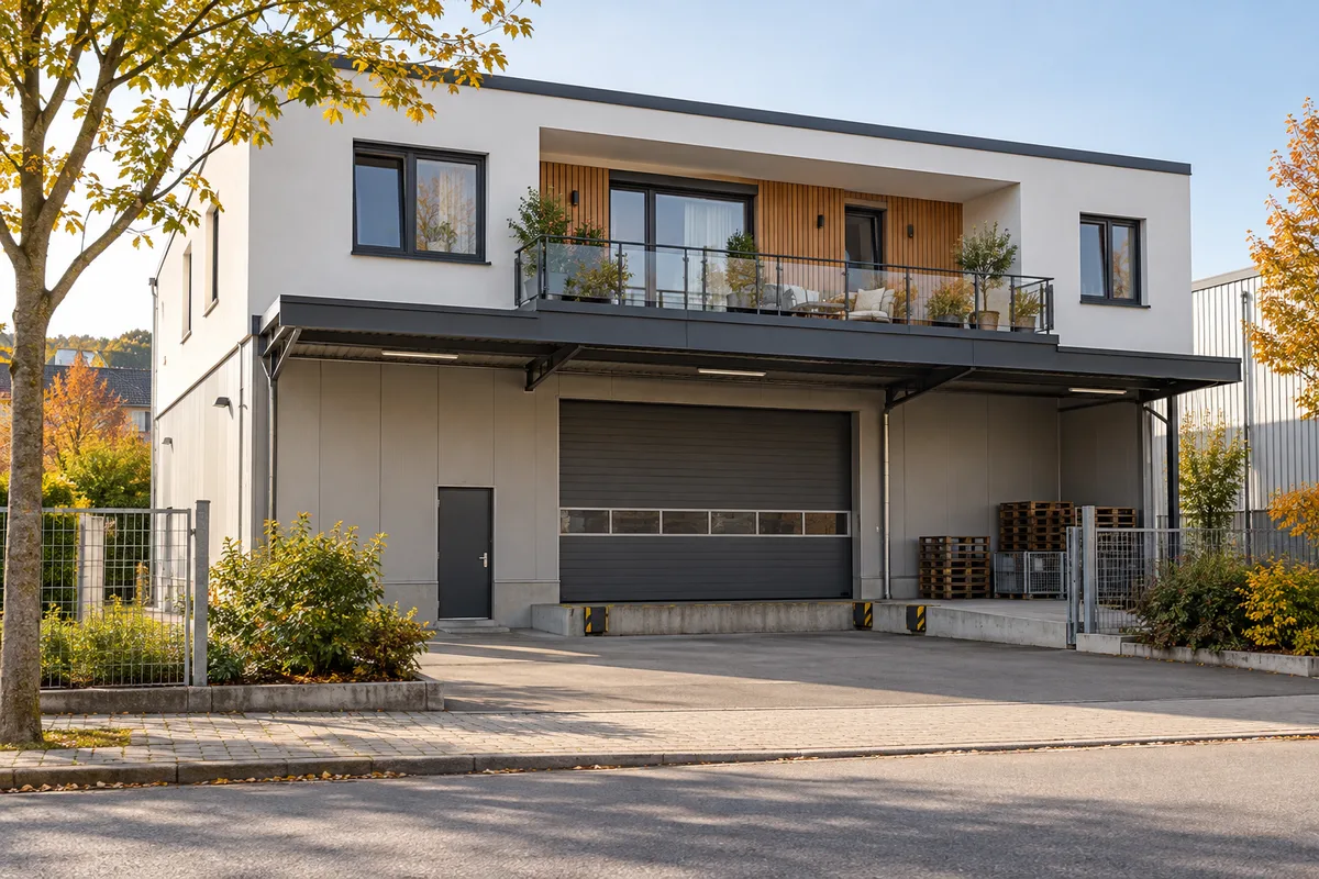 Lagerhalle mit großem Rolltor und Lichtband, am Kopfbau ein Büro im Erdgeschoss und darüber eine Wohnung mit Balkon