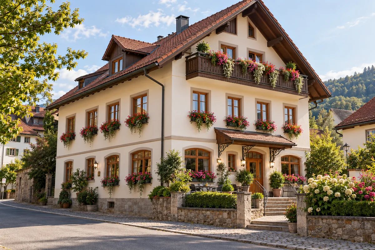 Gästehaus mit Holzbalkonen und Blumenkästen, Frühstücksraum mit großen Fenstern im Erdgeschoss und Inhaberwohnung unter dem Dach