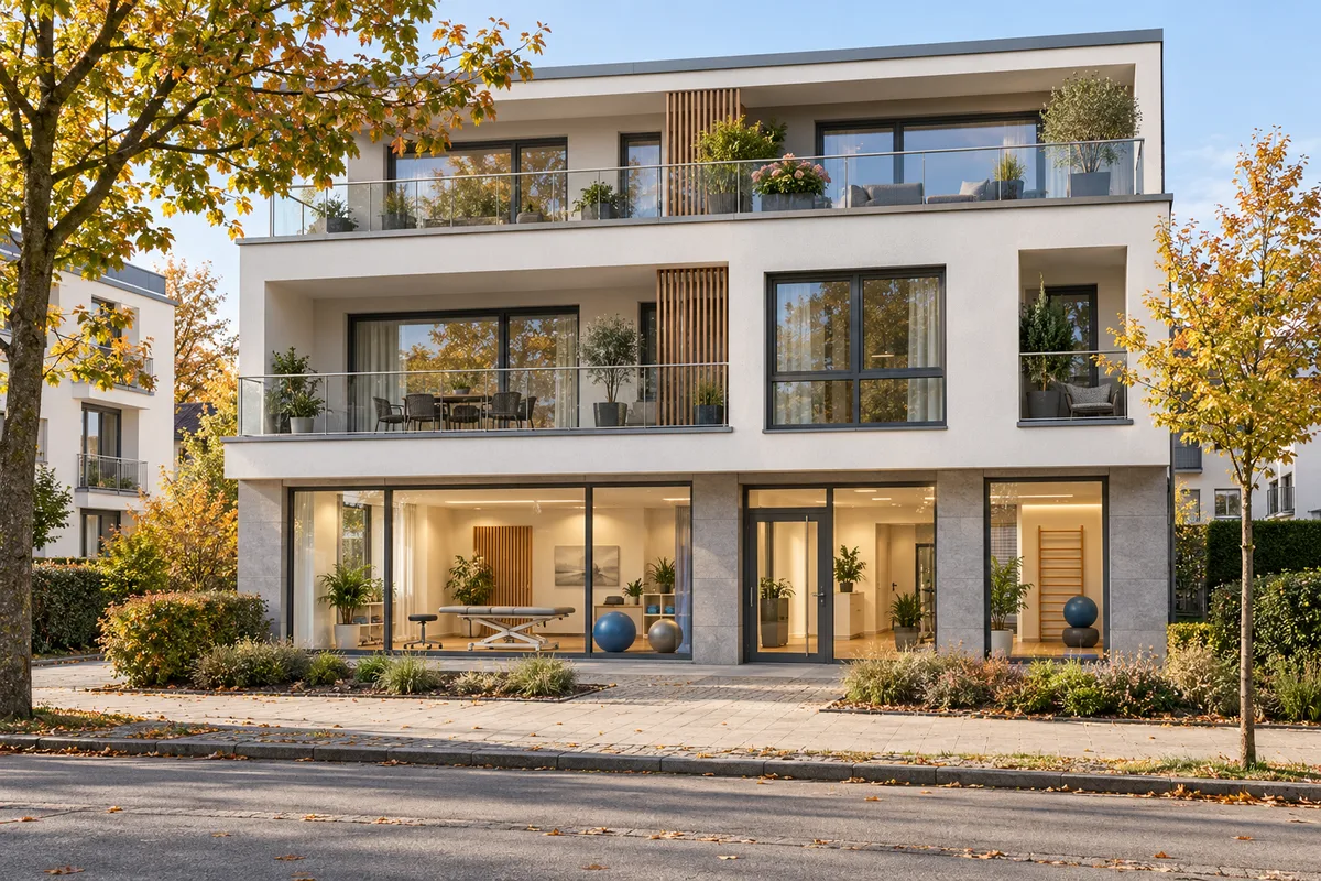 Wohnhaus mit Physiotherapiepraxis hinter großen Fenstern im Erdgeschoss und Wohnungen mit Balkonen darüber