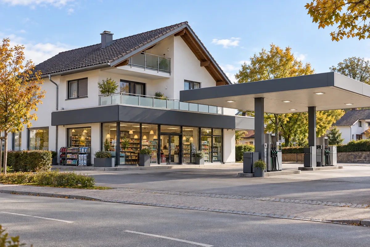 Tankstelle mit Überdachung über den Zapfsäulen, Shop mit großen Glasflächen im Erdgeschoss und Wohnung darüber