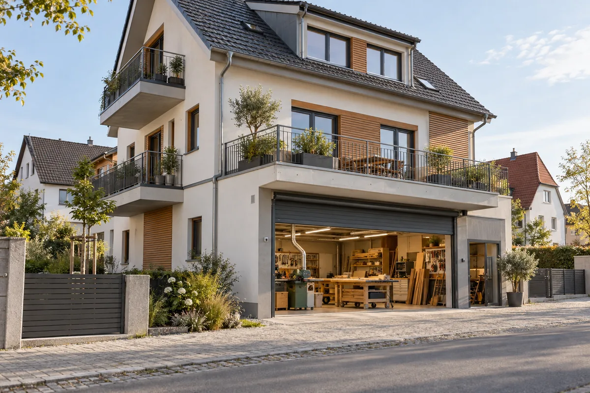 Handwerkerhaus mit großem Werkstatttor im Erdgeschoss und Wohnungen mit Balkon in den Geschossen darüber