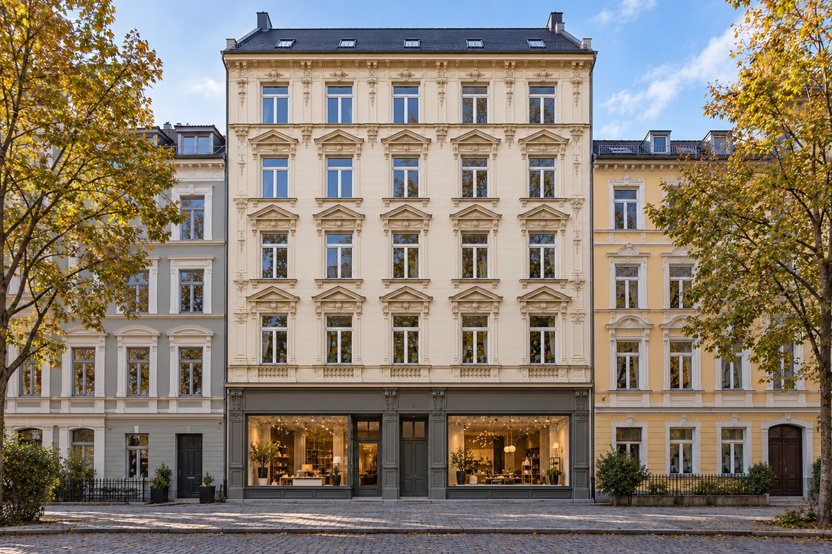 Mehrgeschossiges Stadthaus mit Ladengeschäft hinter großen Schaufenstern im Erdgeschoss, Büroetage darüber und Wohnungen mit Balkonen in den oberen Geschossen