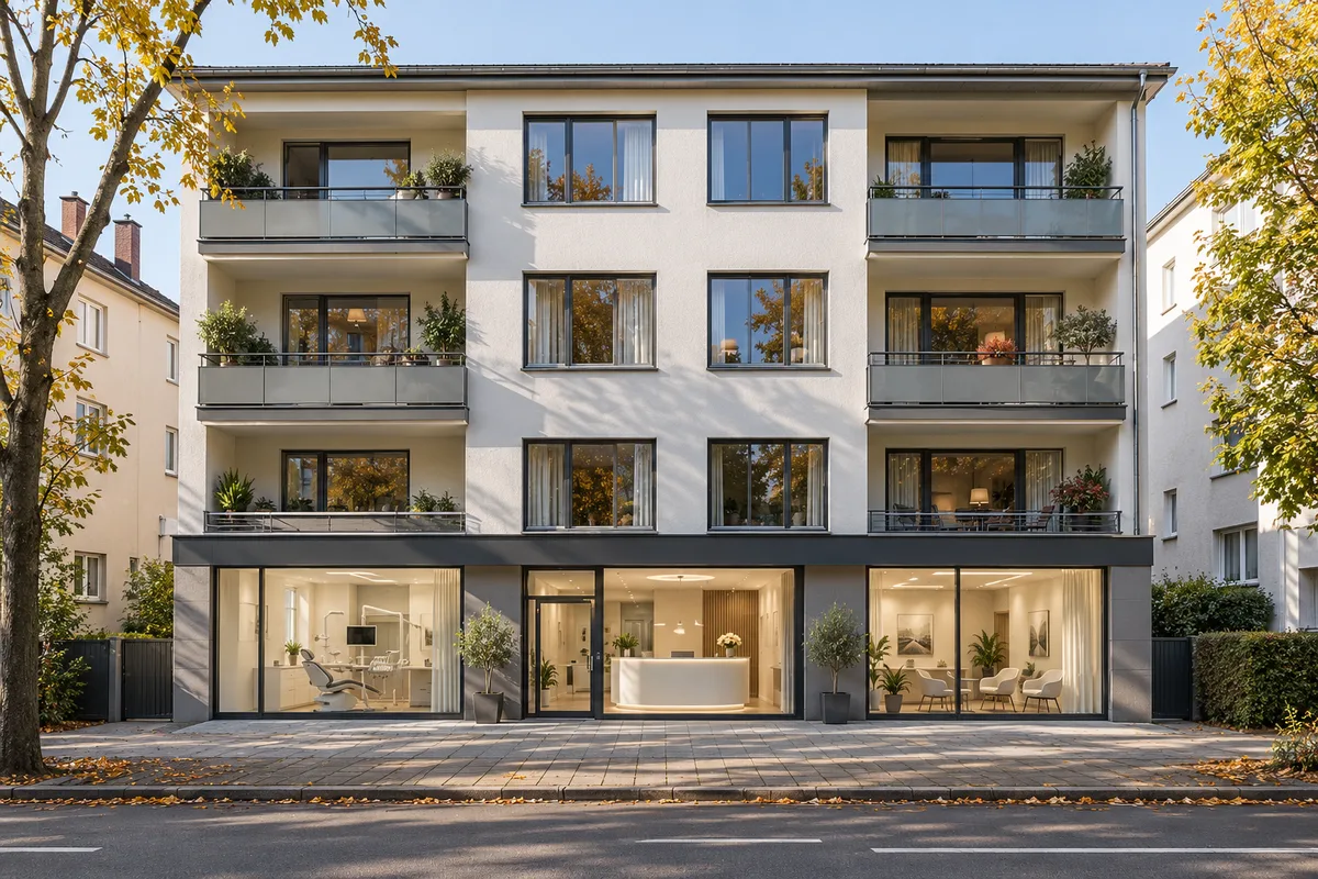 Wohnhaus mit Zahnarztpraxis hinter großen Fenstern mit Milchglas im Erdgeschoss und Wohnungen mit Balkonen darüber