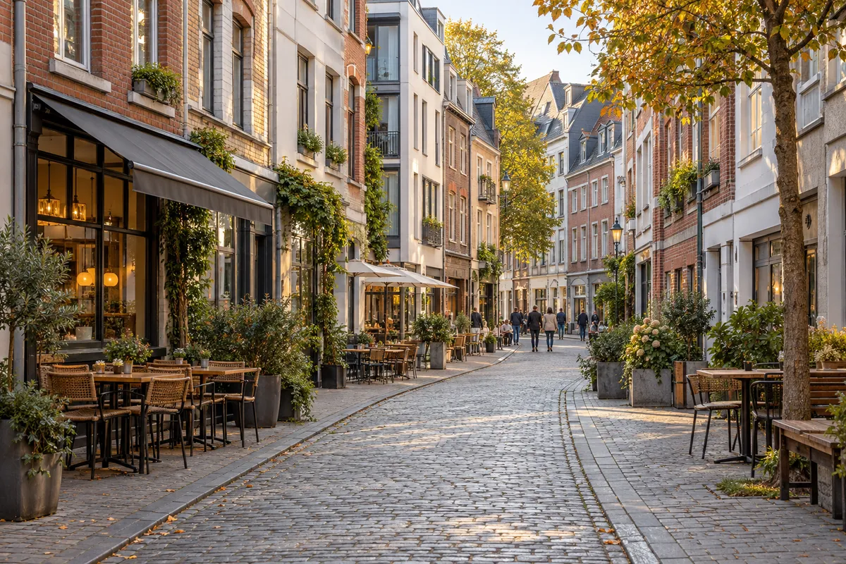 Schmale Altstadtstraße mit Häusern verschiedener Bauzeiten, Cafés und Lokalen im Erdgeschoss und Wohnungen darüber, wie rund um die Aachener Pontstraße