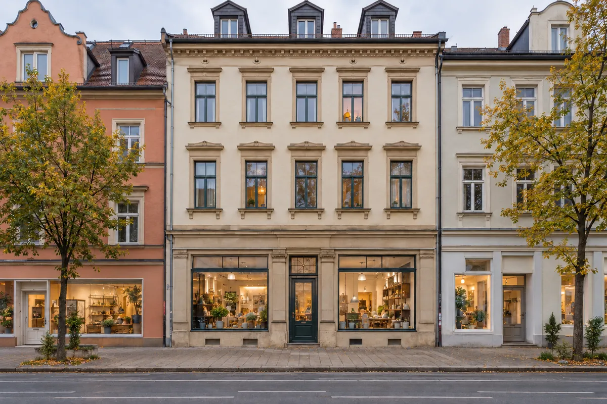 Mietshaus aus dem späten 19. Jahrhundert mit Putzfassade, Sandsteingewänden und Laden im Erdgeschoss, wie an der Augsburger Straße in Pfersee