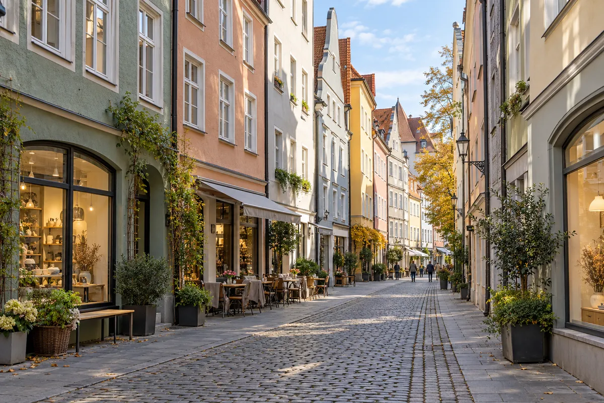 Altstadtgasse mit verputzten Ziegelhäusern, kleinen Läden und Café im Erdgeschoss und Wohnungen darüber, typisch für die Augsburger Altstadt