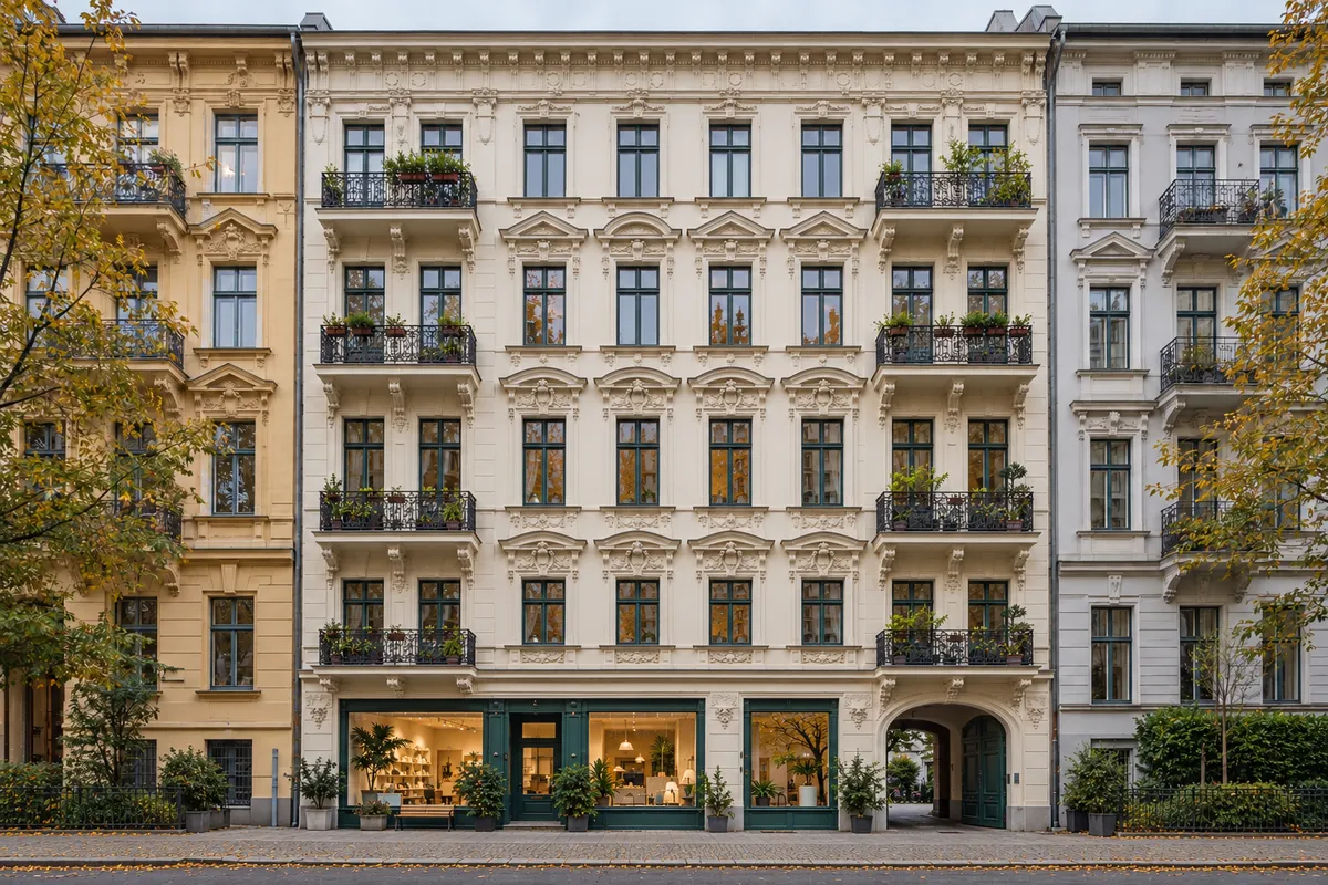 Fünfgeschossiges Gründerzeit-Vorderhaus mit heller Stuckfassade, Laden hinter Schaufenstern und Hofdurchfahrt, typisch für Berlin