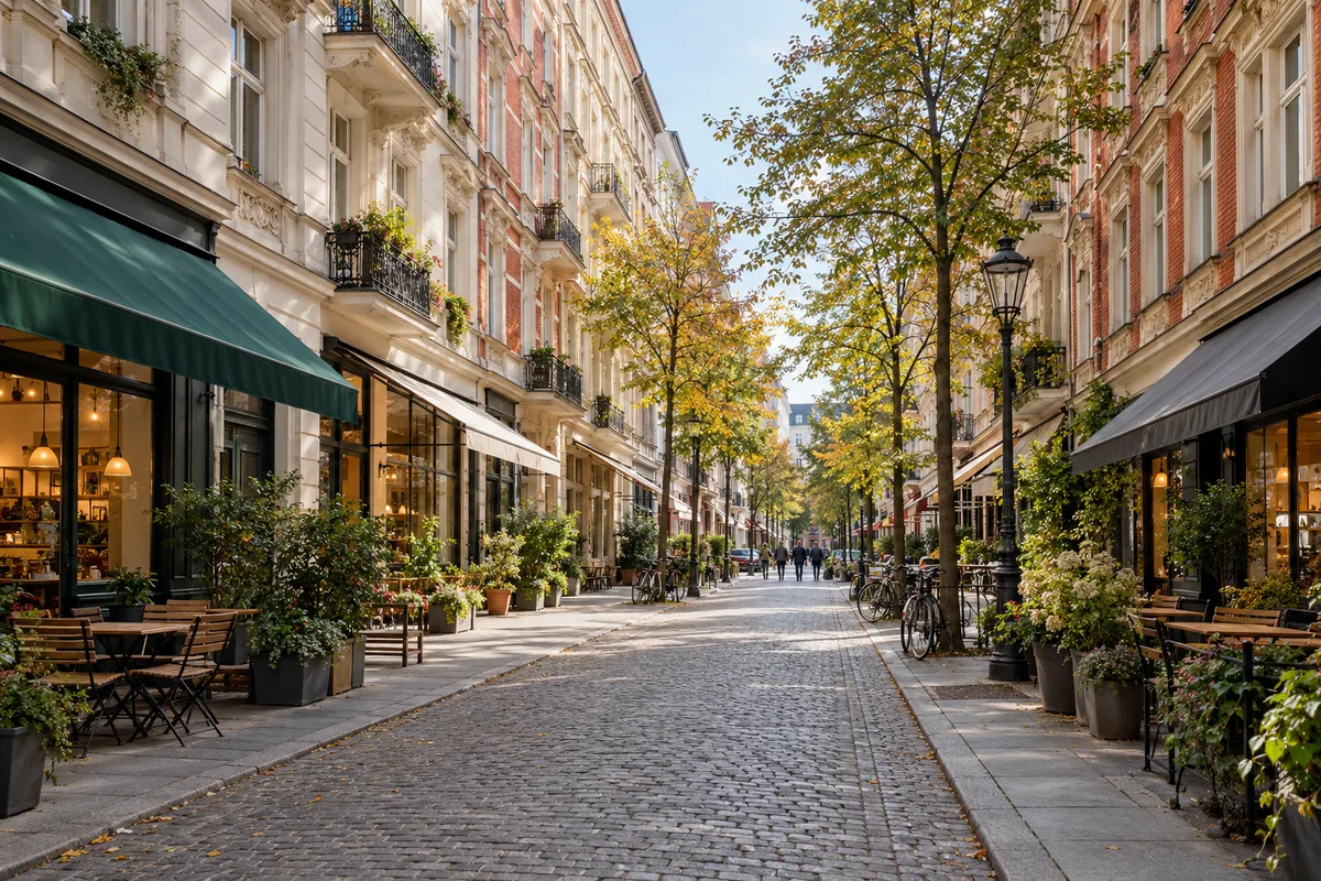 Berliner Geschäftsstraße mit geschlossener Blockrandbebauung: Läden und Gastronomie im Erdgeschoss, Wohnungen in den Obergeschossen