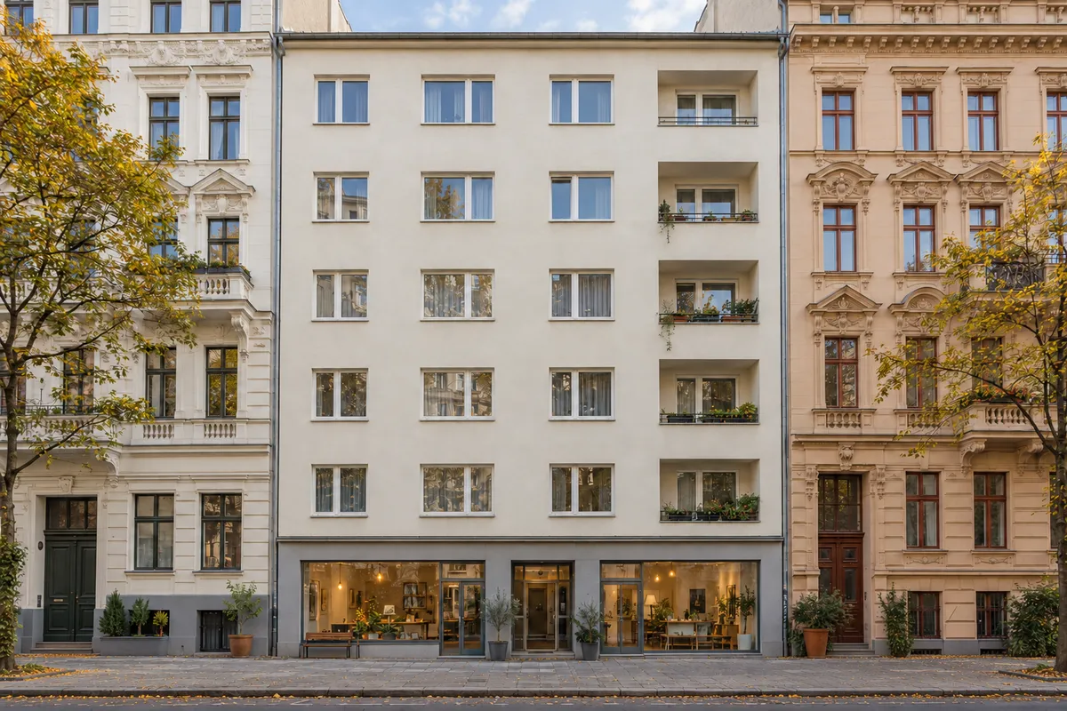 Schlichter Nachkriegsbau der 1950er Jahre mit Putzfassade und Laden im Erdgeschoss als Lückenschluss zwischen Berliner Gründerzeithäusern