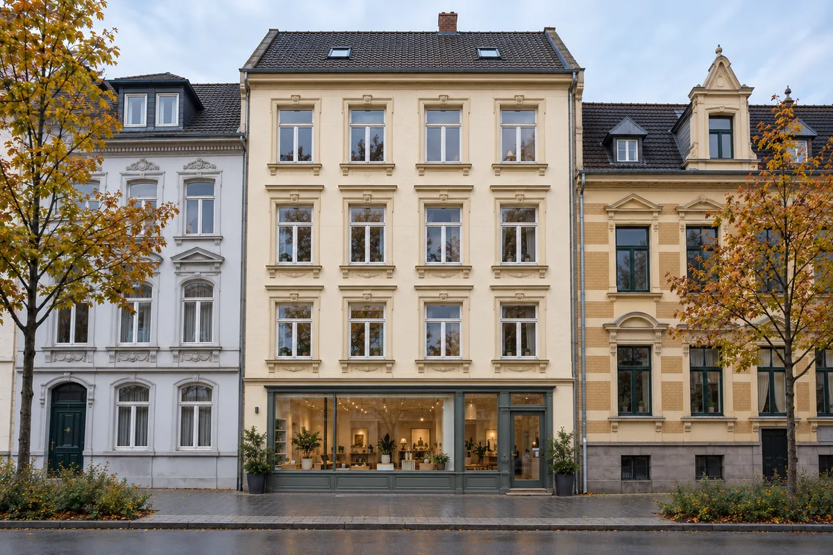 Gründerzeithaus mit Laden und Schaufenster im Erdgeschoss und Wohnungen darüber, aus der Bauzeit der gründerzeitlichen Straßenzüge in Bielefeld-Mitte