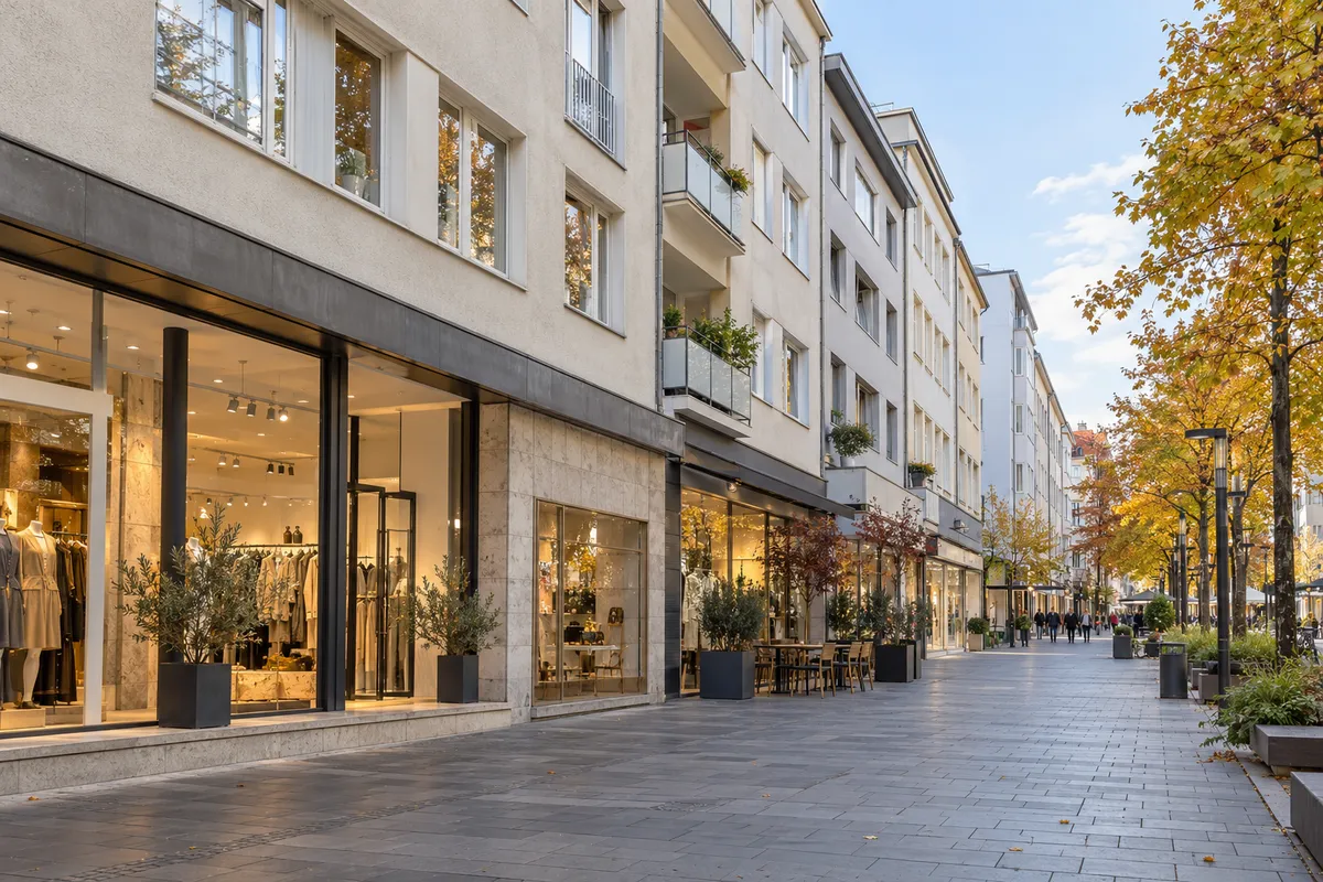 Einkaufsstraße mit Nachkriegsbauten, Läden unten und Obergeschosse darüber, typisch für den modernen Wiederaufbau der Bielefelder Innenstadt