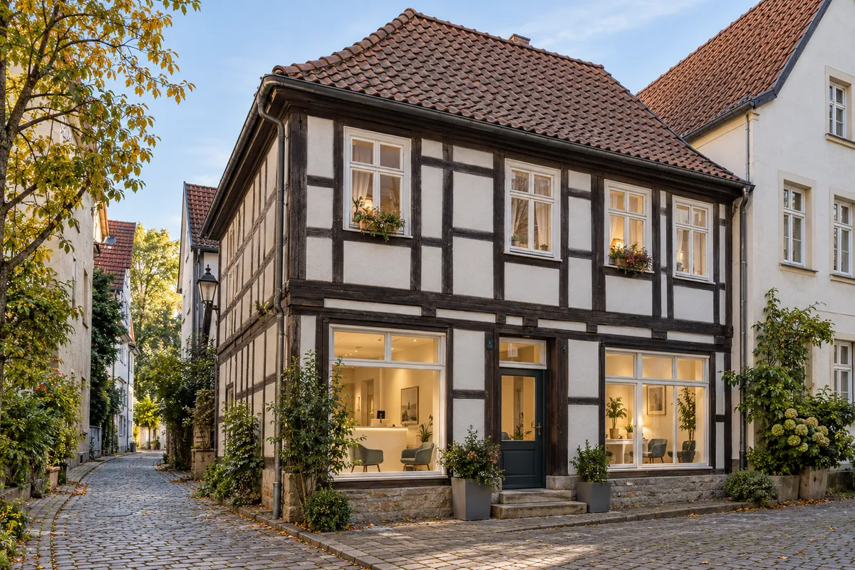 Zweigeschossiges Fachwerkhaus mit sichtbarem Holzgerüst und kleinteiligen Fenstern im historischen Ortskern, wie sie in Bielefeld-Schildesche erhalten sind