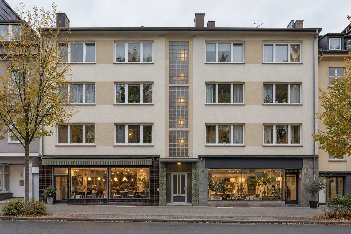 Wohn- und Geschäftshaus der 1950er mit heller Rasterfassade, Glasbausteinen und großem Schaufenster im Erdgeschoss, typisch für die Bochumer Innenstadt