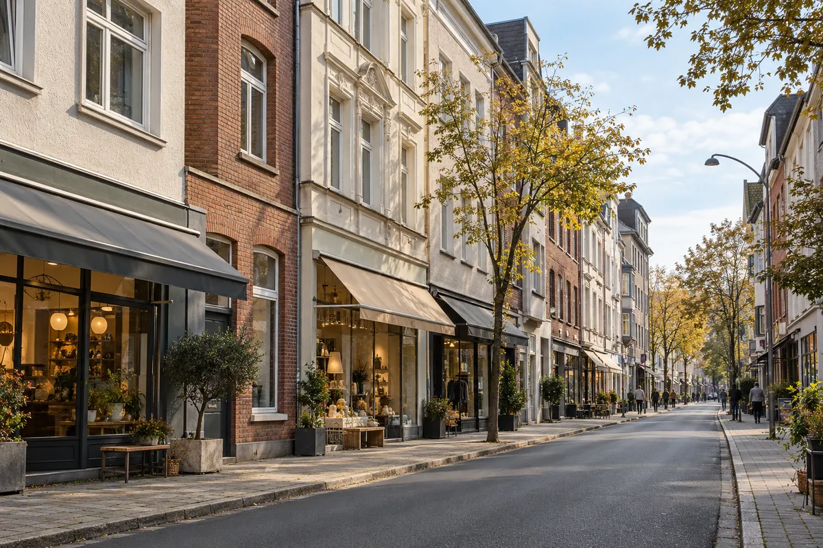 Geschäftsstraße mit mehrgeschossigen Häusern, Cafés und kleinen Läden im Erdgeschoss, Wohnungen darüber, wie an der Hattinger Straße in Bochum-Ehrenfeld