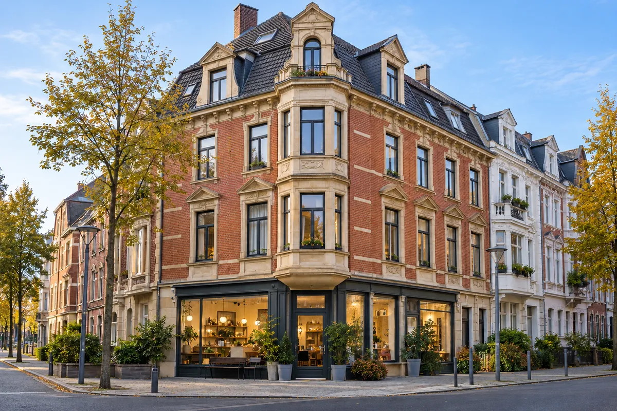 Gründerzeitliches Wohn- und Geschäftshaus mit Ziegelfassade, Gesimsen und Sandsteinfassungen, Laden im Erdgeschoss, wie im Nordwesten der Bochumer Innenstadt