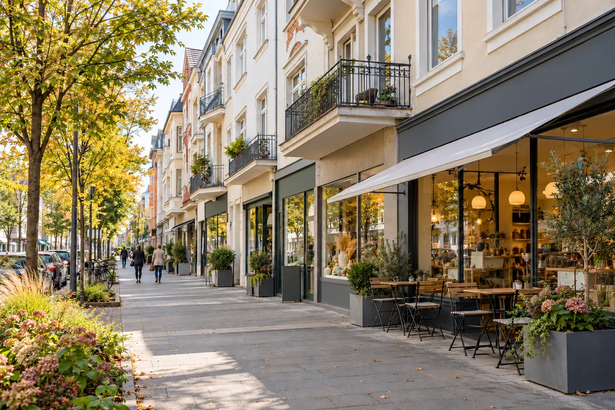 Straßenzug mit Läden und Café im Erdgeschoss und Wohnungen darüber, wie entlang der Friedrich-Breuer-Straße im Bonner Stadtbezirk Beuel