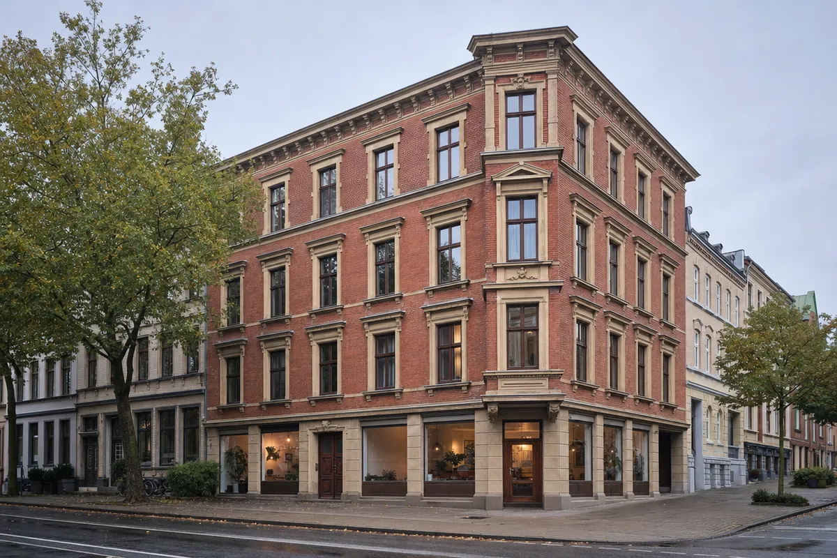 Viergeschossiges Gründerzeit-Wohn- und Geschäftshaus aus Ziegel mit Naturwerksteingliederung und Laden im Erdgeschoss in Braunschweig