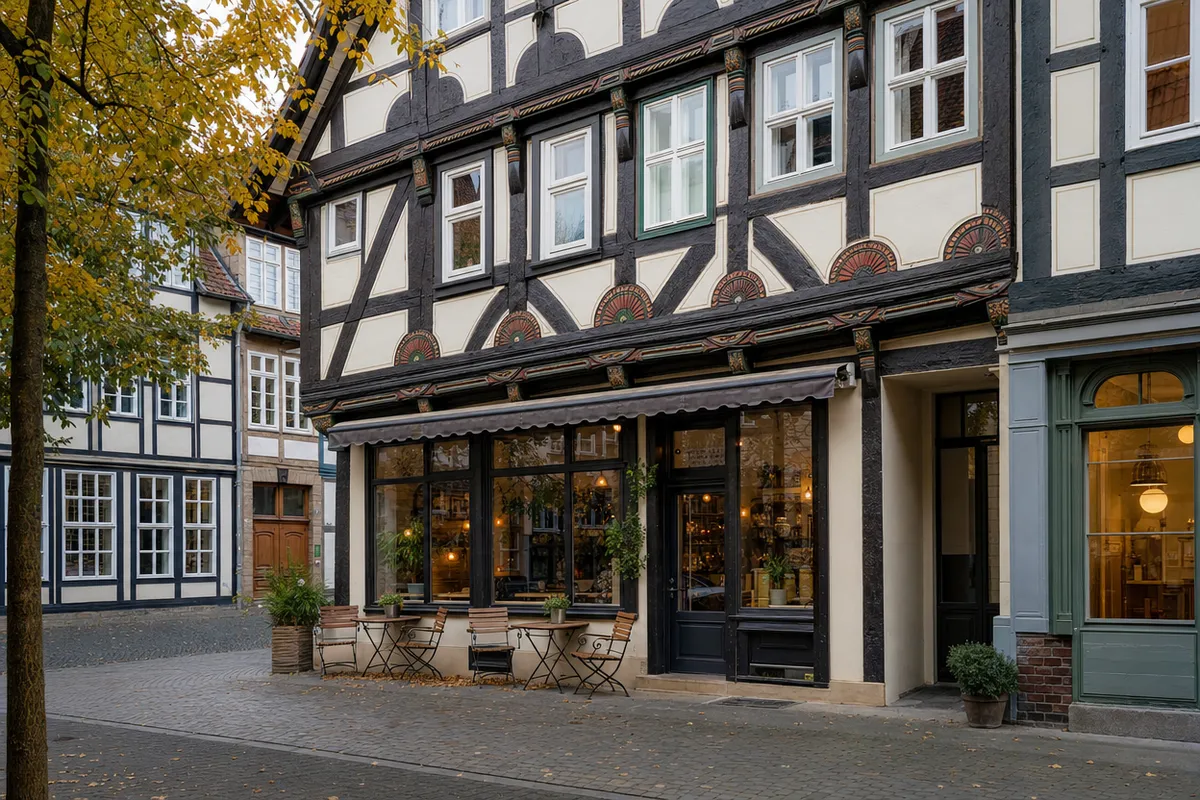 Fachwerkhaus mit verzierten Balken und kleinem Café im Erdgeschoss im Braunschweiger Magniviertel