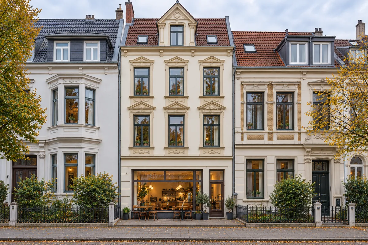 Wohn- und Geschäftshaus aus dem 19. Jahrhundert mit Putzfassade, Stuck- und Sandsteinelementen und Laden im Erdgeschoss, typisch für das Viertel in Bremen