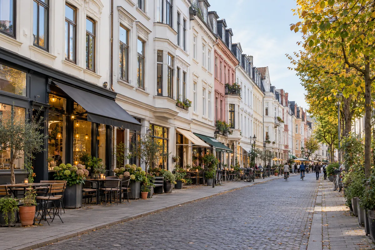 Straßenzug im Ostertor in Bremen mit Wohn- und Geschäftshäusern des 19. Jahrhunderts, Läden und Cafés unten, Wohnungen in den Obergeschossen