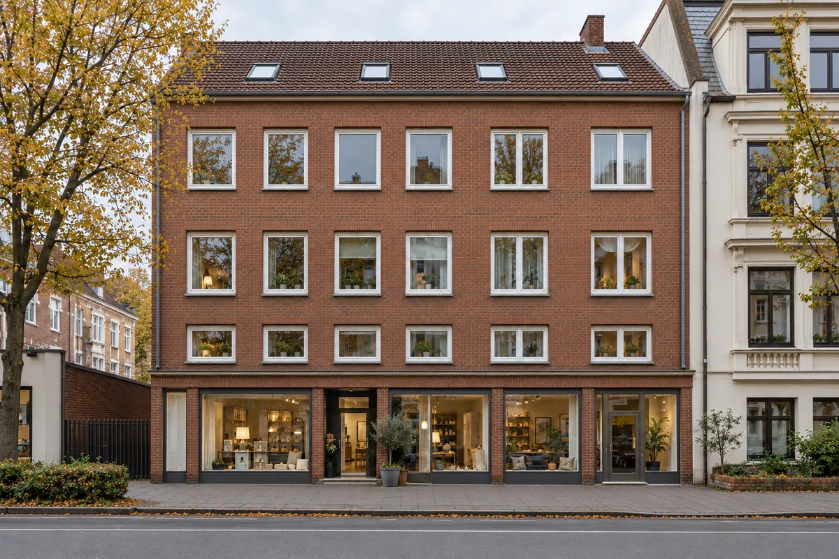 Wohn- und Geschäftshaus aus der frühen Nachkriegszeit mit Backsteinfassade und Ladenzeile im Erdgeschoss, wie es beim Wiederaufbau in Bremen entstand