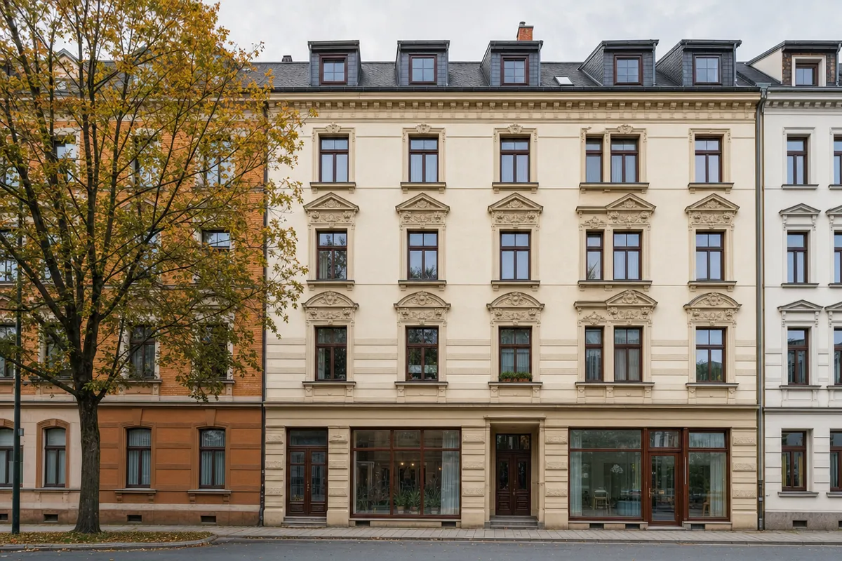 Viergeschossiges Gründerzeithaus mit verputzter Stuckfassade, Laden mit großen Schaufenstern im Erdgeschoss und Wohnungen darüber in Chemnitz