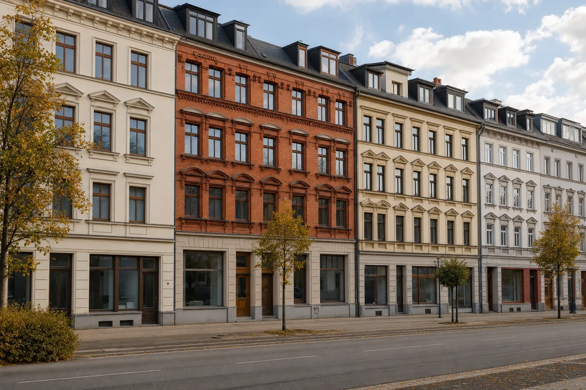 Gründerzeitliche Häuserzeile in einem Chemnitzer Altbauviertel mit kleinen Läden im Erdgeschoss und Wohnungen in den Obergeschossen