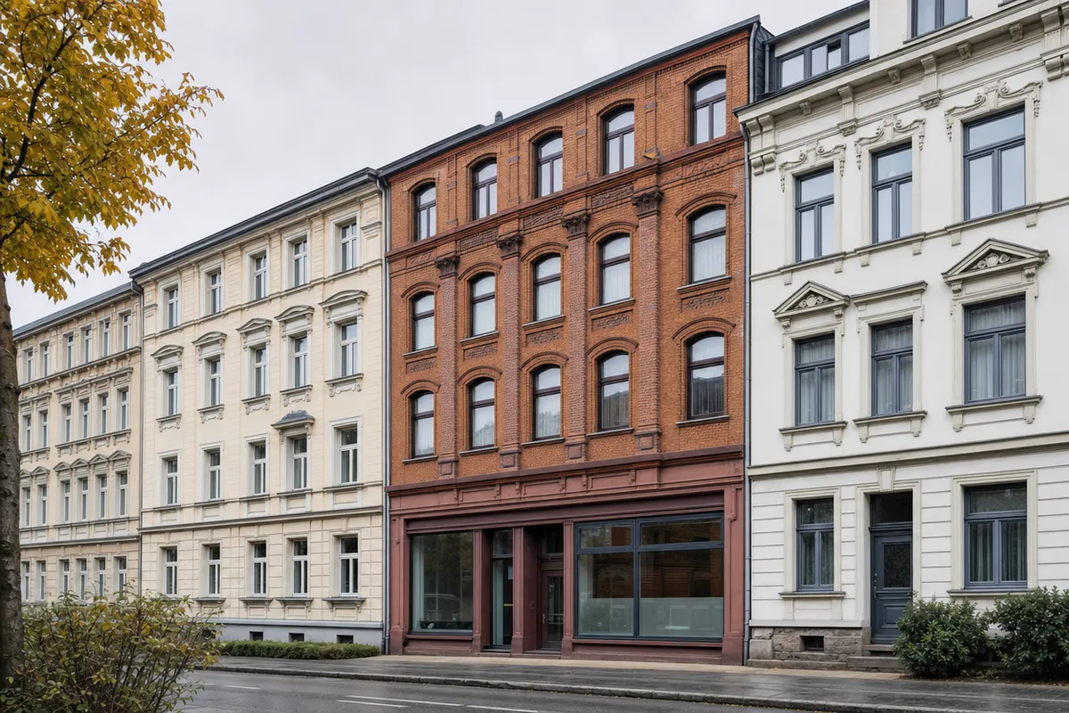 Viergeschossiges Gründerzeit-Mietshaus mit Klinkerfassade, Gesimsen und Lisenen und kleinem Laden im Erdgeschoss in Chemnitz