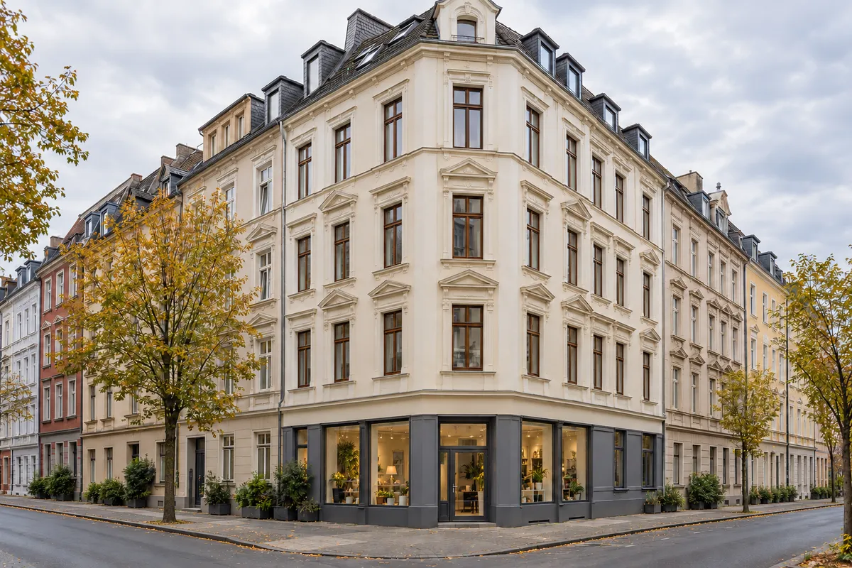 Gründerzeit-Eckhaus mit Laden hinter großen Schaufenstern im Erdgeschoss und Wohnungen darüber, typisch für die Dortmunder Nordstadt