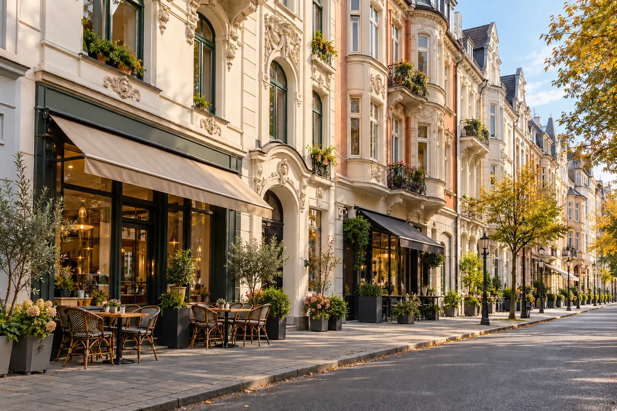 Straßenzug mit Jugendstil- und Gründerzeitfassaden, Cafés und Geschäften im Erdgeschoss und Wohnungen darüber, wie im Dortmunder Kaiserviertel