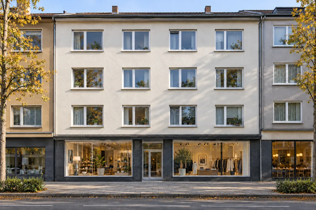 Wohn- und Geschäftshaus aus dem Wiederaufbau der 1950er mit schlichter Lochfassade und breiter Ladenfront, typisch für die Dortmunder Innenstadt