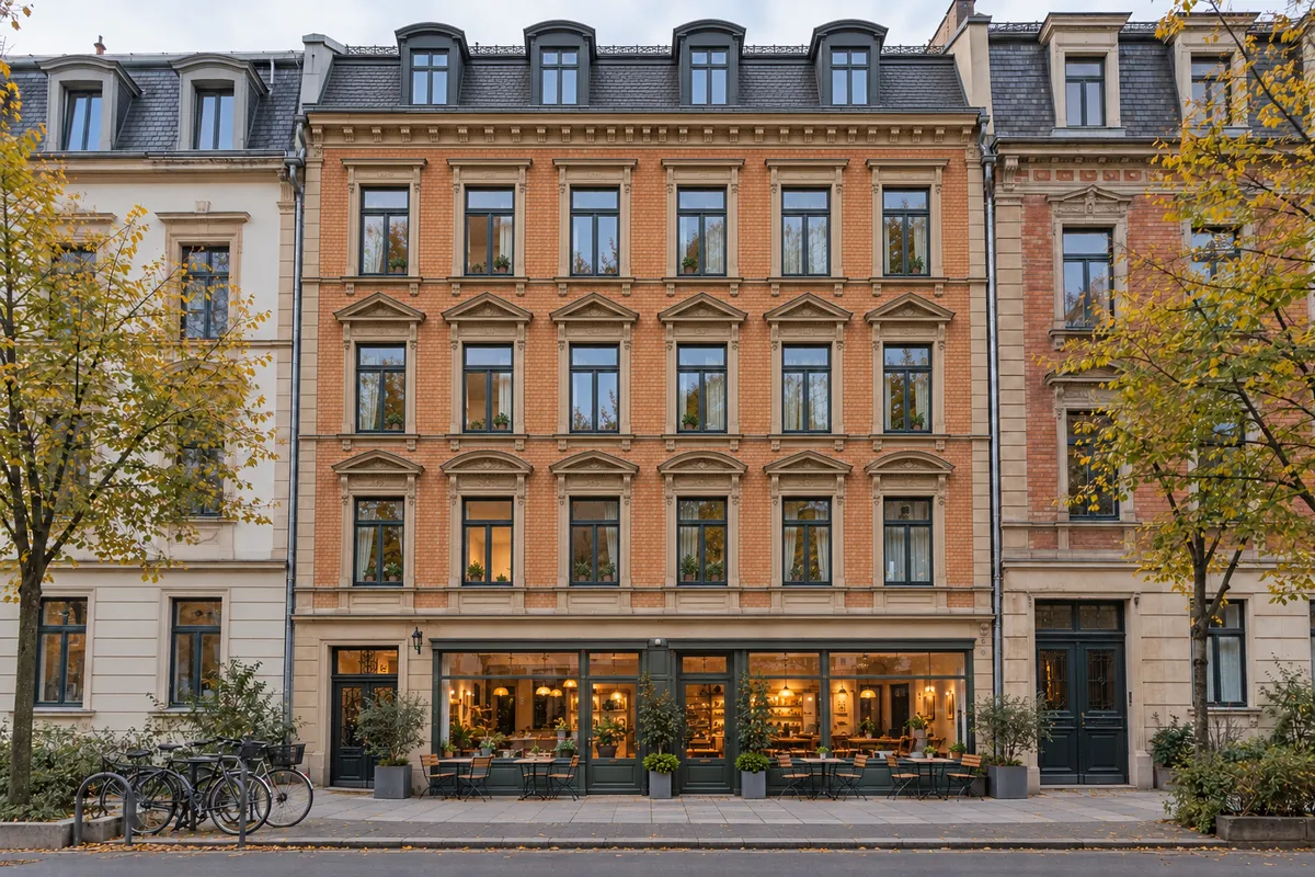 Viergeschossiges Klinkerhaus mit Mansarddach und Sandsteinschmuck, Café im Erdgeschoss und Wohnungen darüber, typisch für die Äußere Neustadt in Dresden