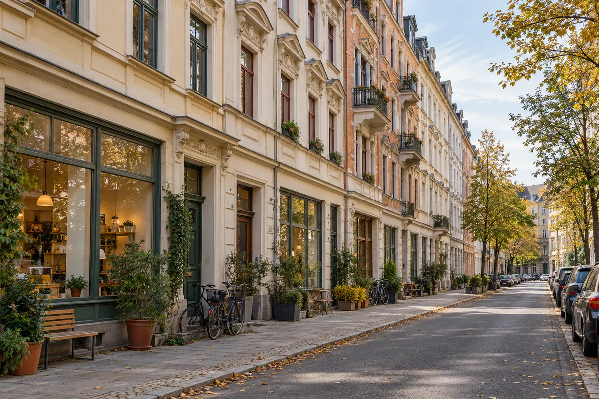 Geschlossener Gründerzeit-Straßenzug im Hechtviertel in Dresden mit kleinen Läden im Erdgeschoss der Vorderhäuser und Wohnungen in den Etagen darüber