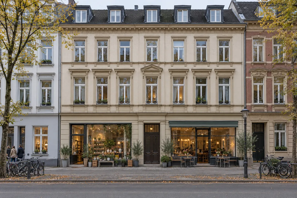Gründerzeitliches Wohn- und Geschäftshaus in geschlossener Blockrandbebauung mit Laden und Café im Erdgeschoss und Wohnungen darüber, wie in Düsseldorf-Bilk
